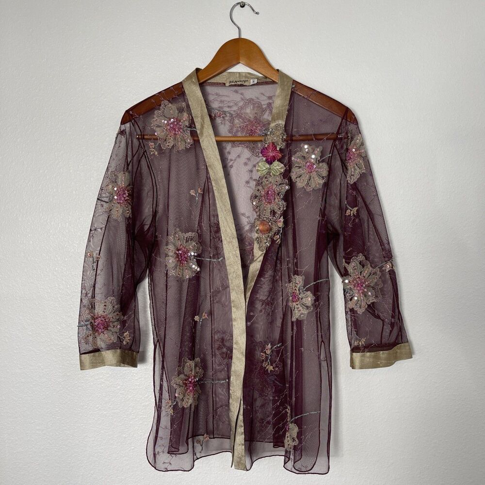 Lee Andersen Jacket M Wearable Art Sheer Vtg Floral Beaded Fringe Lagenlook Boho